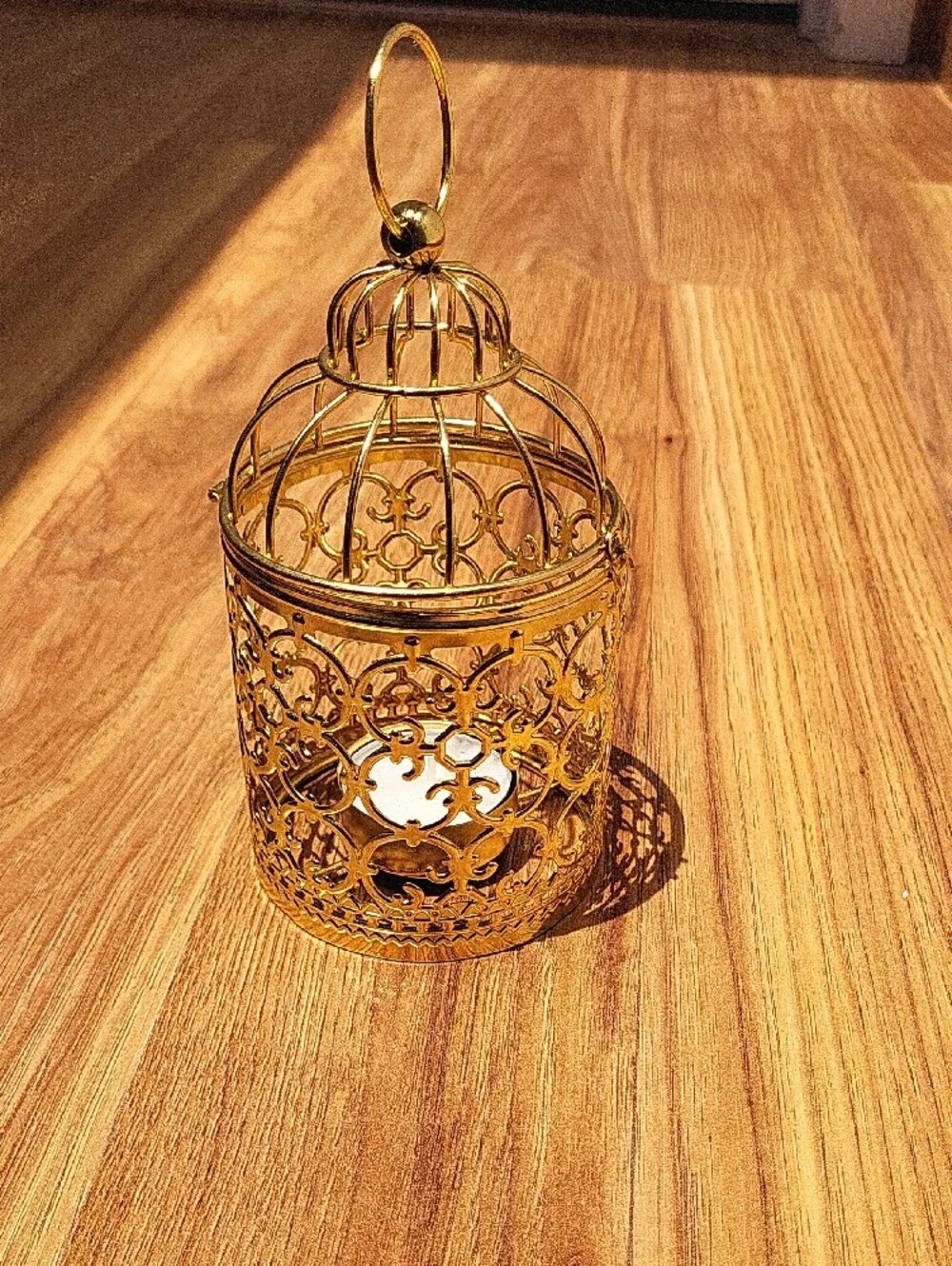 Gold Ornate Filigree Candle Lantern with Hanging Ring
